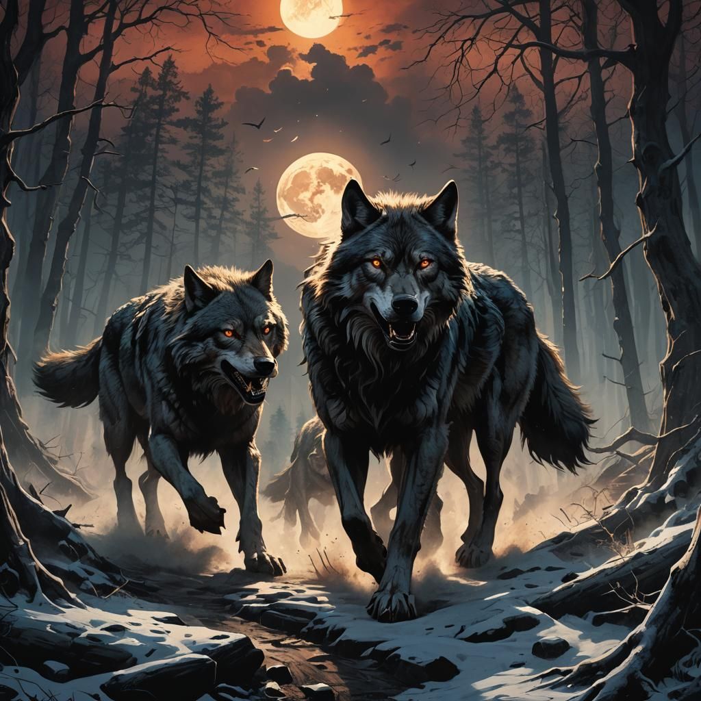 Mythological Wolves Chase Celestial Bodies in Dark Fantasy