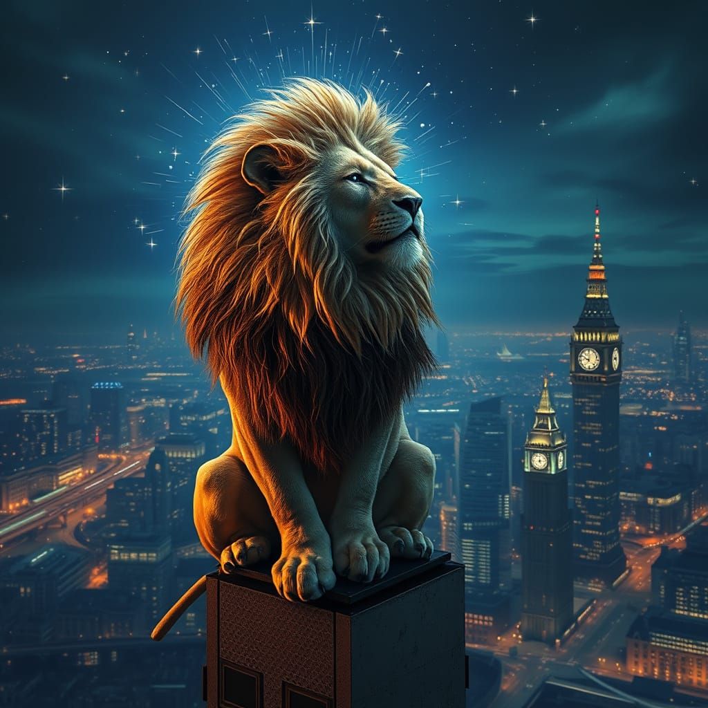 Lion with Starlight Mane Overlooking London