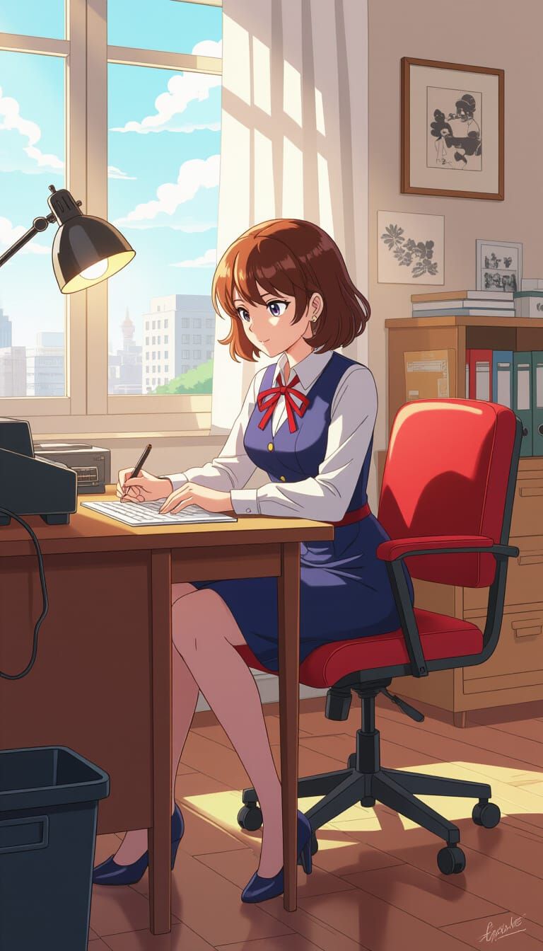 1950s Secretary at Desk, Cinematic Manga Anime Style