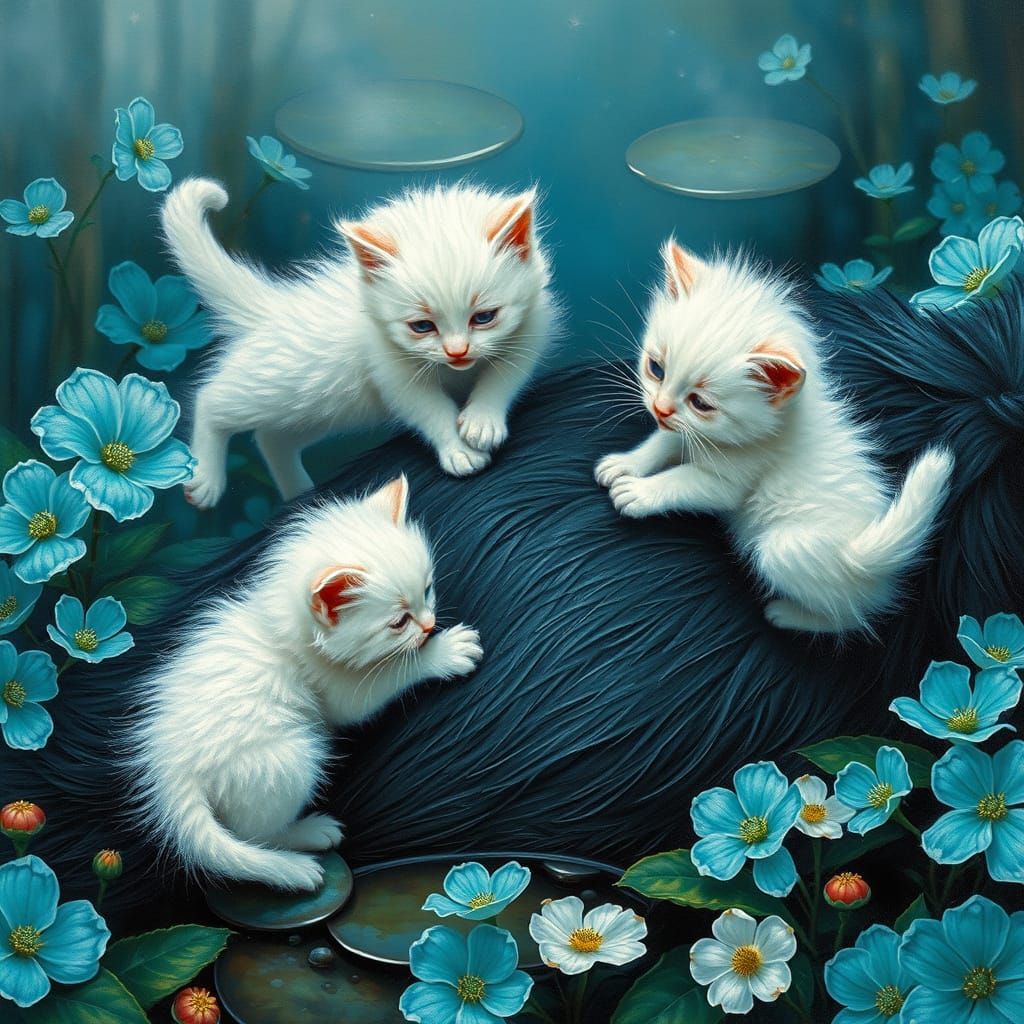 Playful Kittens With Mother Amidst Turquoise Flowers