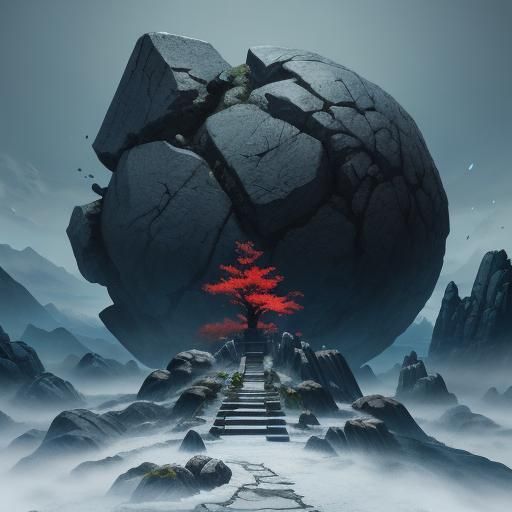 Samurai Slices Giant Boulder in Fantasy Art