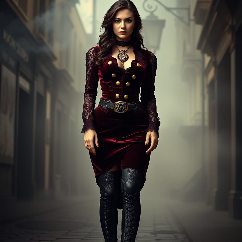Steampunk Elegance: Dark Burgundy Velvet Gown with Intricate...