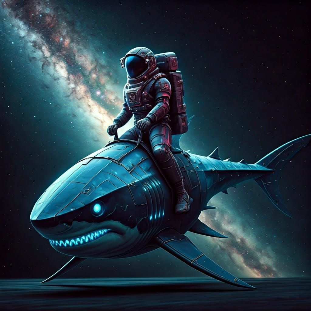 Astronaut Mounts Majestic Cybernetic Space Shark in Stunning...