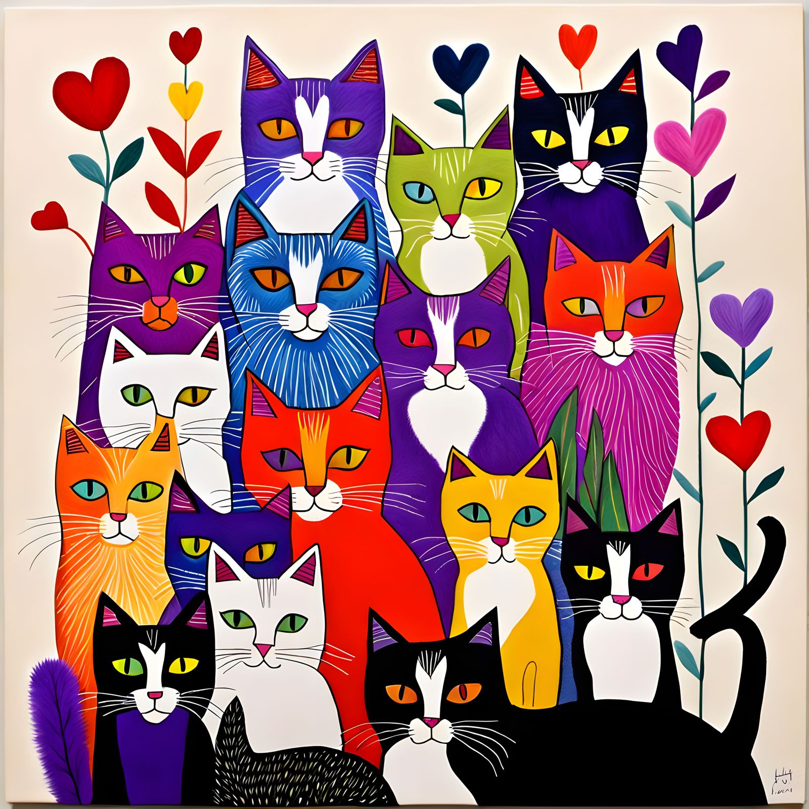 Psychedelic Cats with Floral Accents in 3D