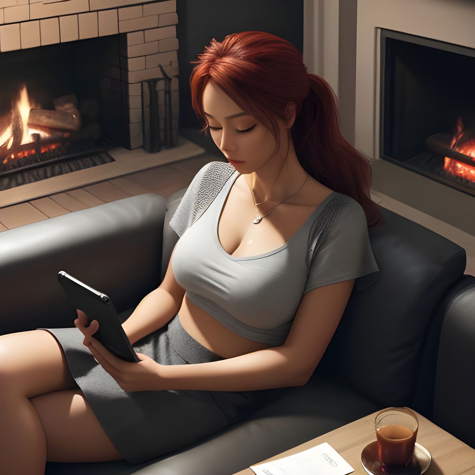 Woman Relaxing by Fireplace: Hyperrealistic 3D Rendering