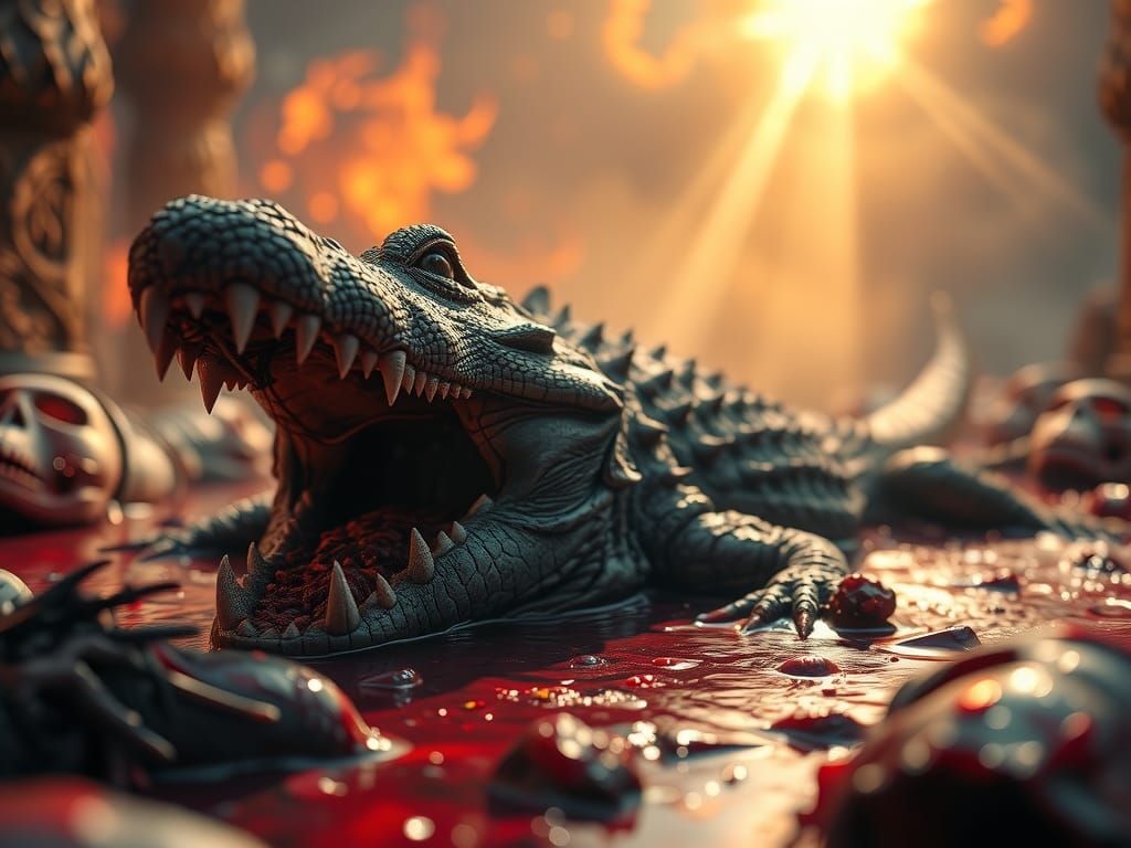 Grotesque Crocodile Man in Hellish Bloodbath: Hyperrealistic...