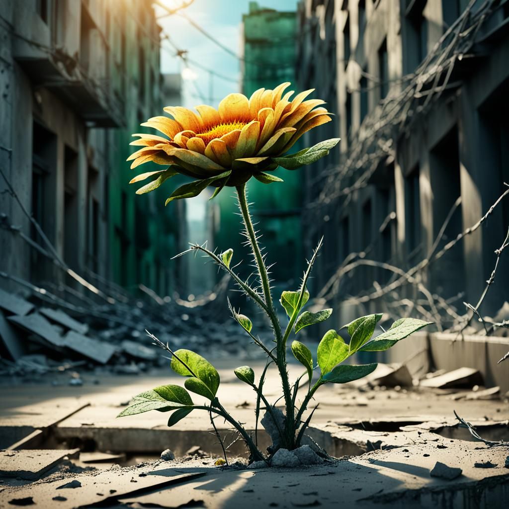 a single flower growing in a war torn city