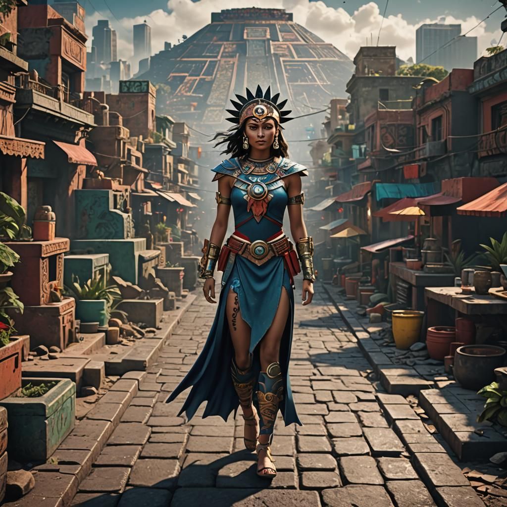 Aztec Superhero Walks in Modern Mexico City