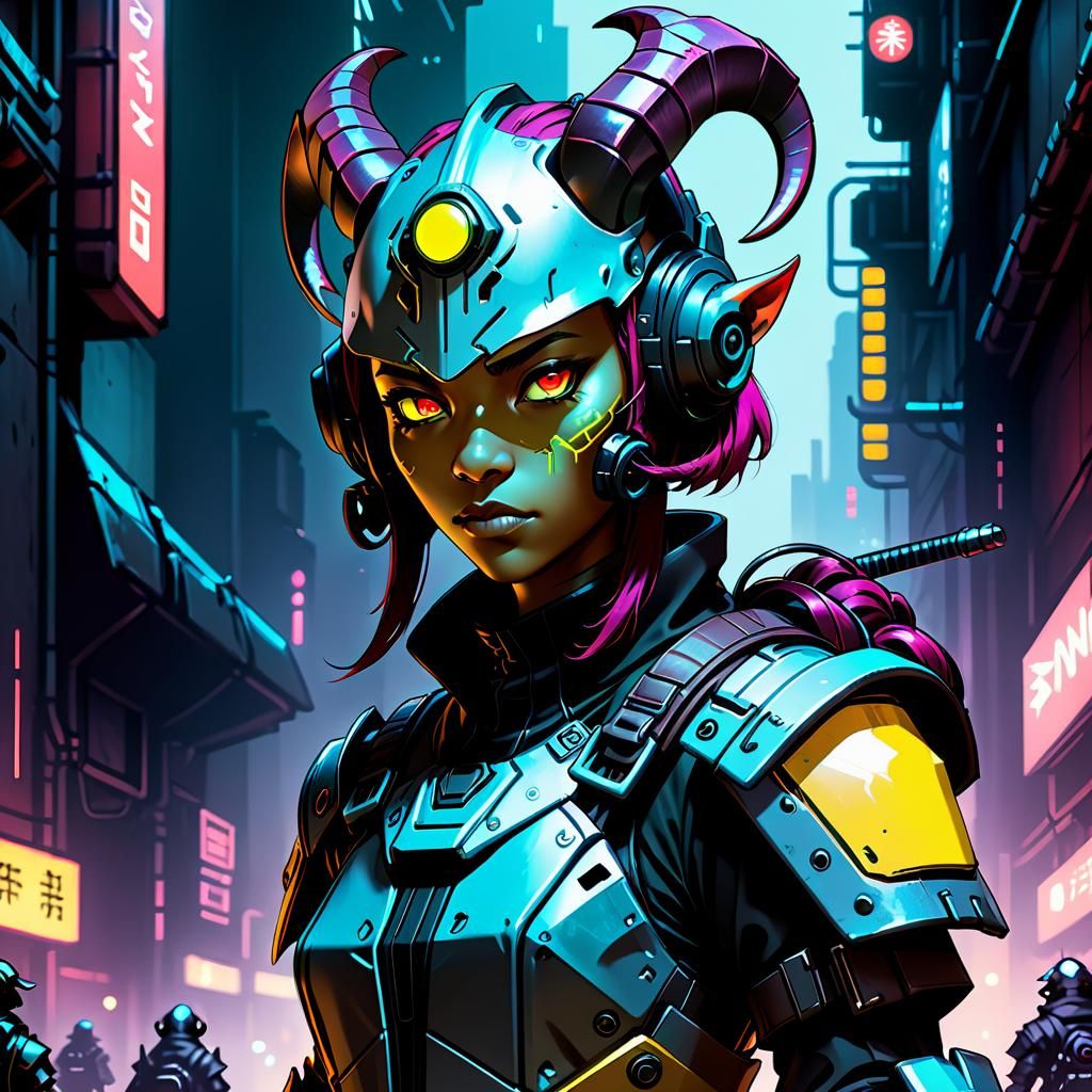 Cyberpunk Tiefling Patrolling Dystopian Cityscape