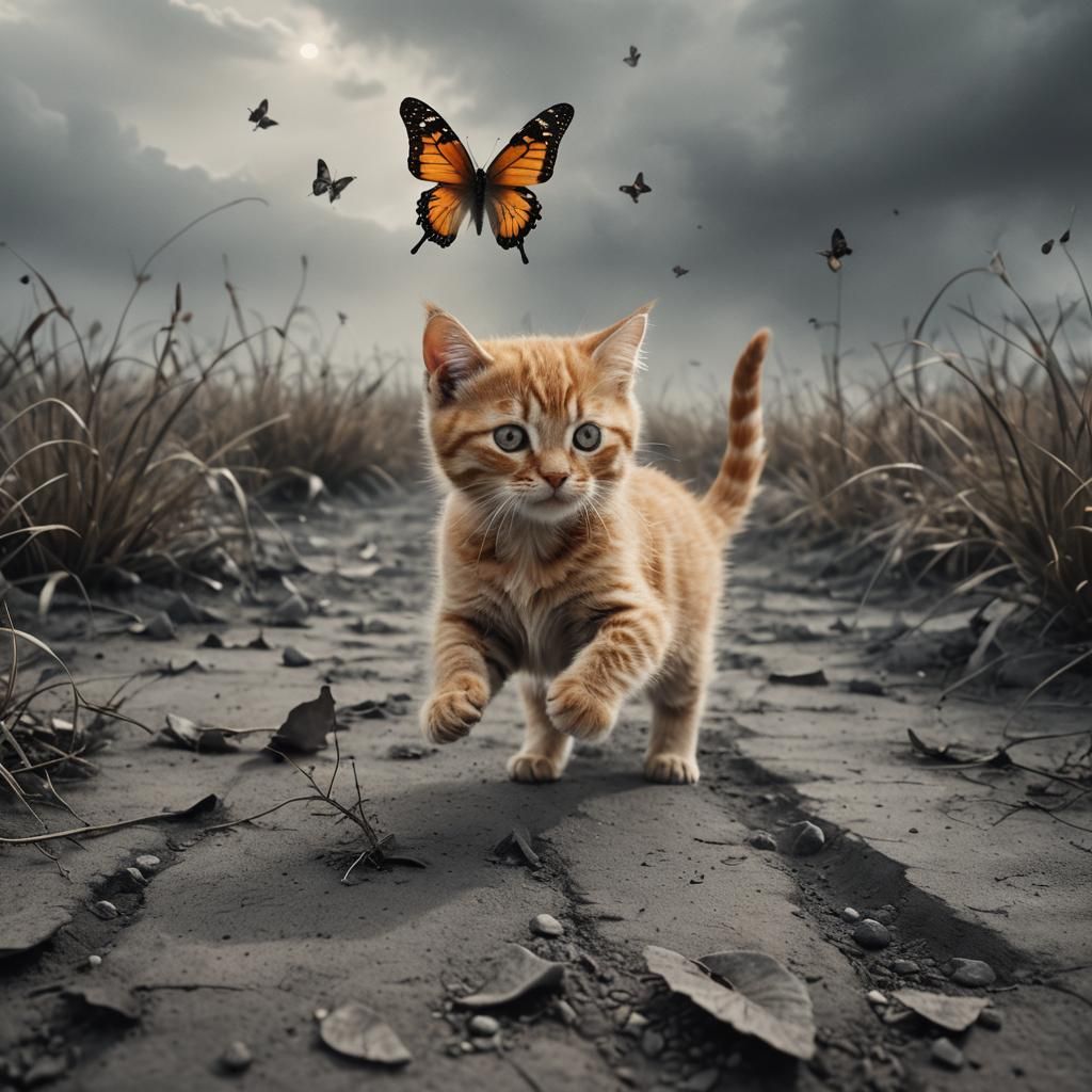 Ginger Kitten and Butterfly in Monochrome Surrealism