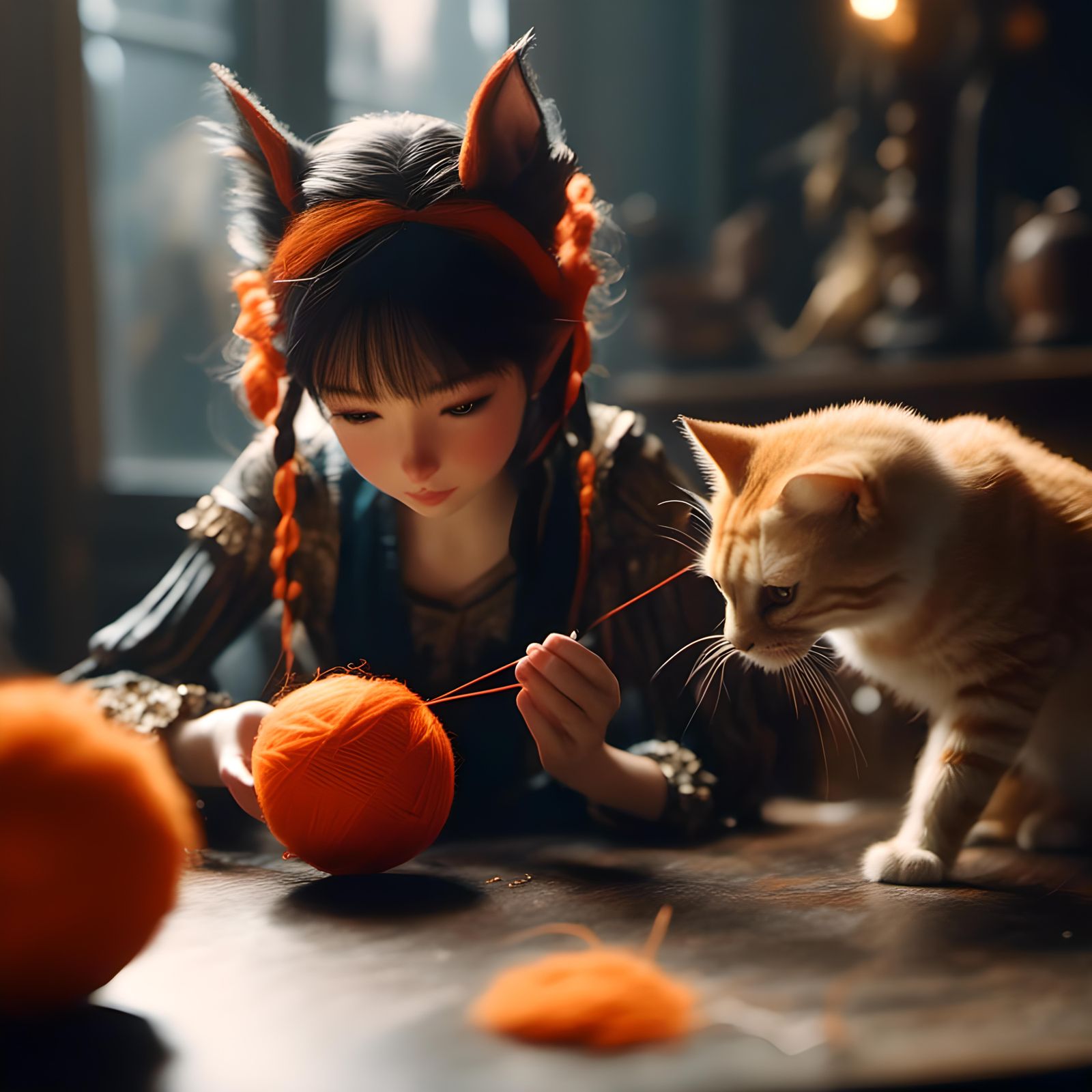 Elven Girl Watches Cat Play: Cinematic Film Still