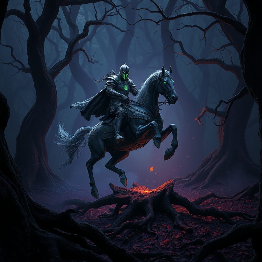 Ethereal Knight Rides Through Twisted Dark Fantasy Landscape