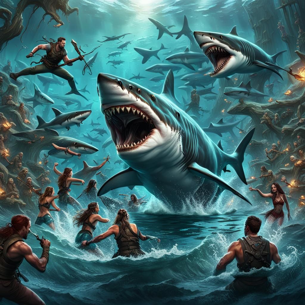 Lake Shark Battle: Detailed Matte Painting in 8K