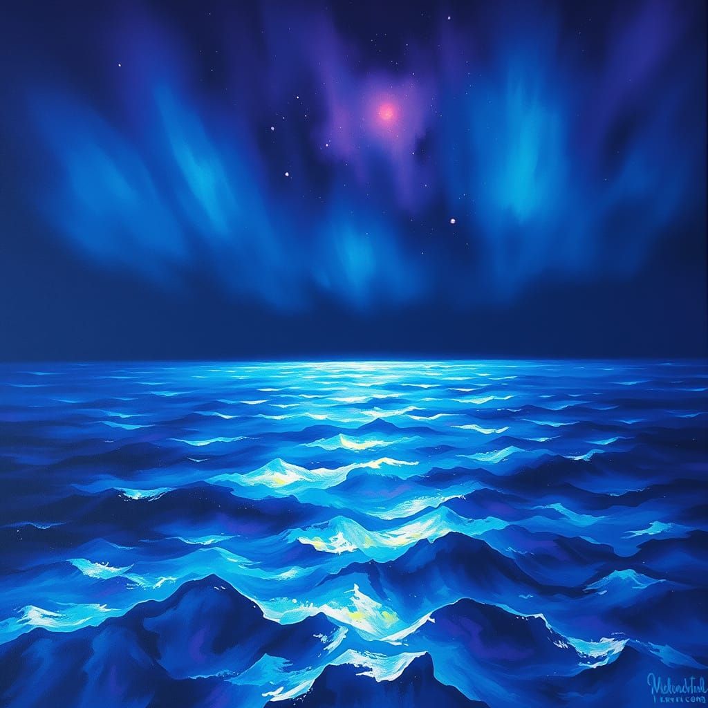 Ethereal Ultraviolet Ocean Shimmers in Night's Darkness
