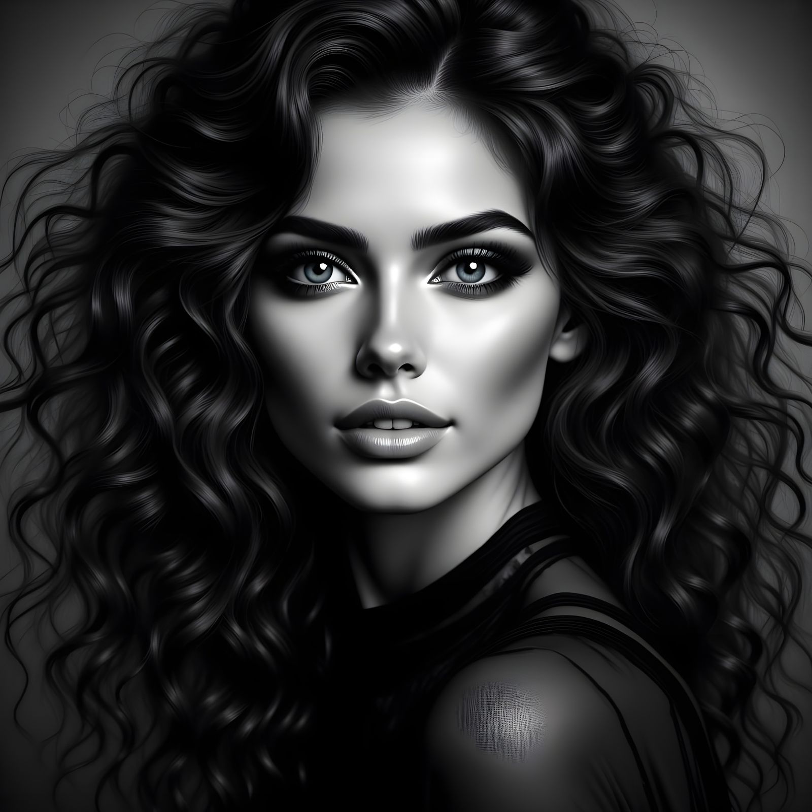 Black and White Portrait of Woman with Wavy Hair