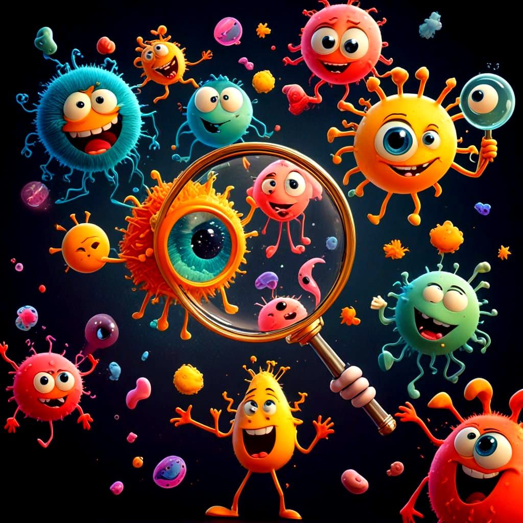 Cute Bacteria Characters Dancing Under Magnifying Glass in C...