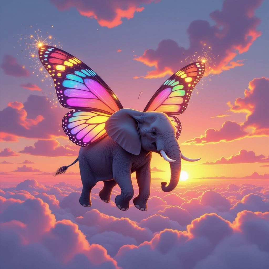 Majestic Elephant with Butterfly Wings Soars at Sunset