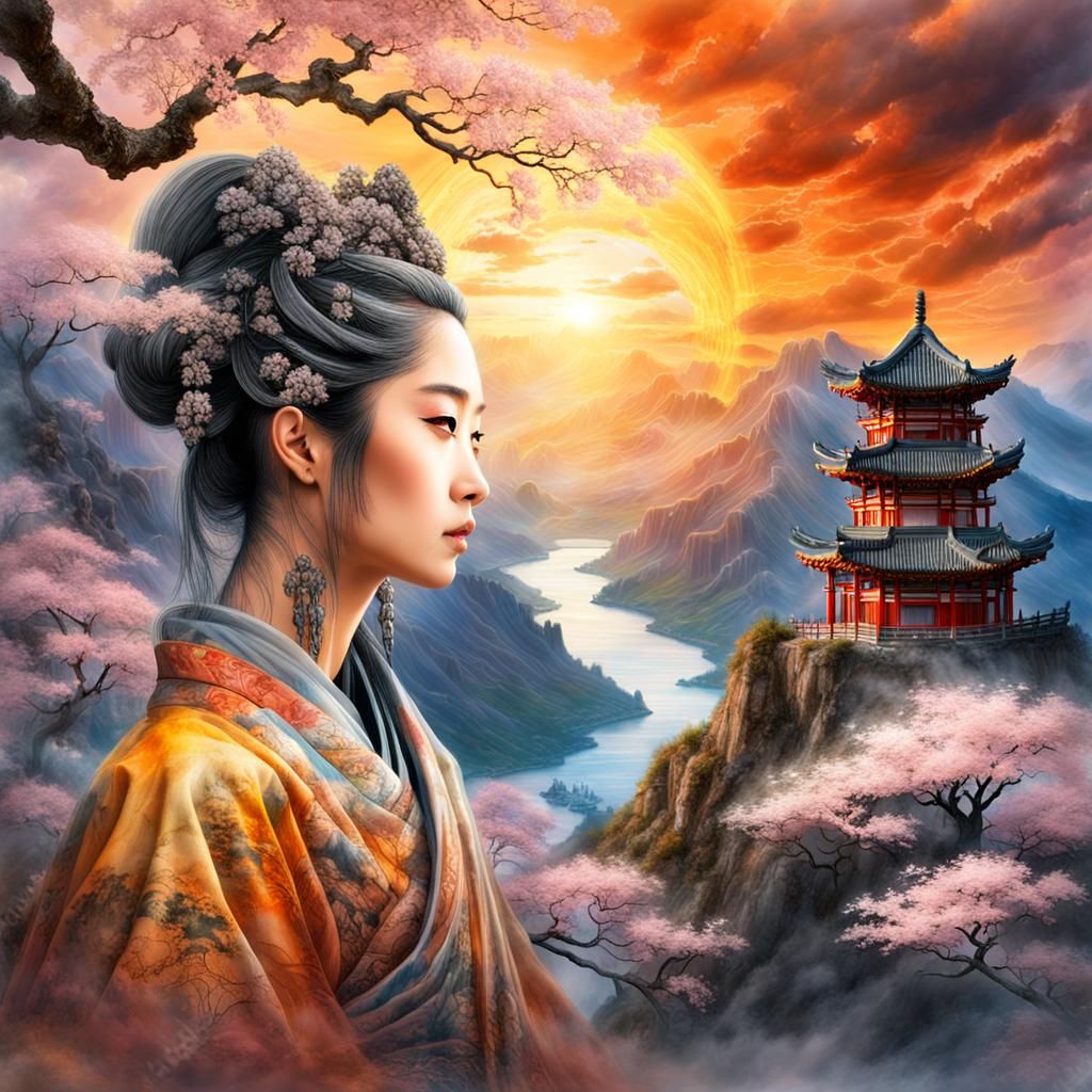 Chinese Goddess Double Exposure: Sakura Sunset Landscape