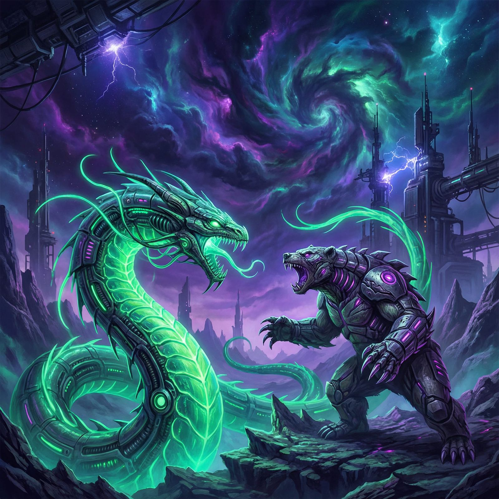 Neon Sea Serpent Battles Reptilian Bear in Sci-Fi Nebula