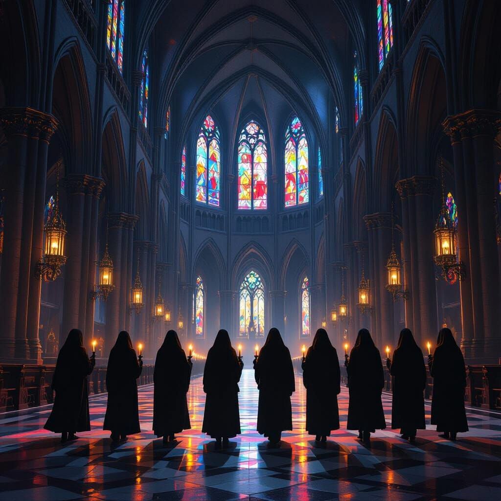 Gothic Cathedral Funeral Procession in Dramatic Lighting