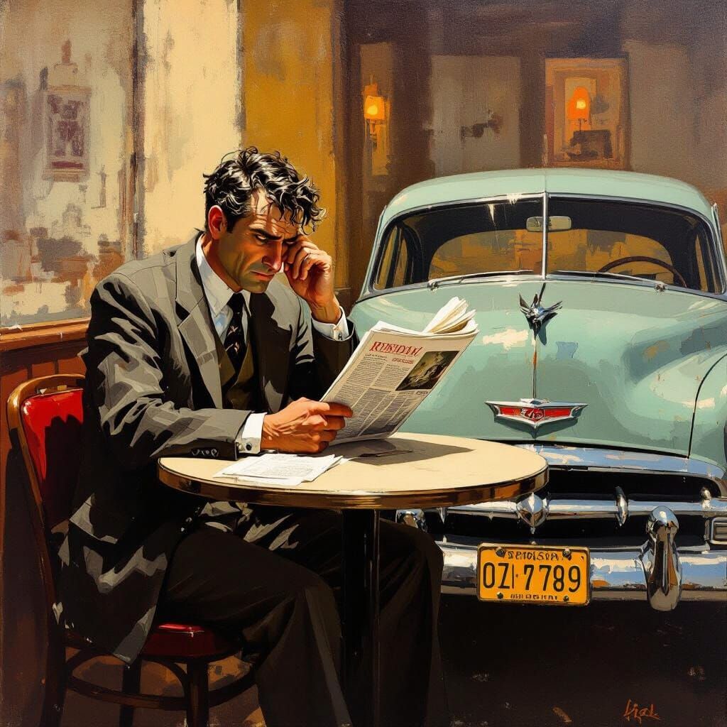 Disheveled Man Reads Newspaper Upside Down, Nostalgic Art