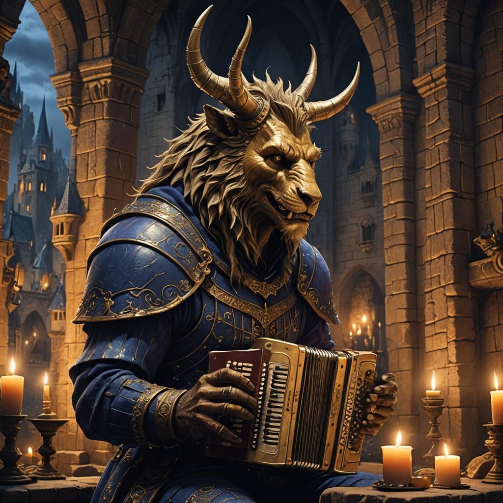 The Beast Plays Accordion in Dimly Lit Castle