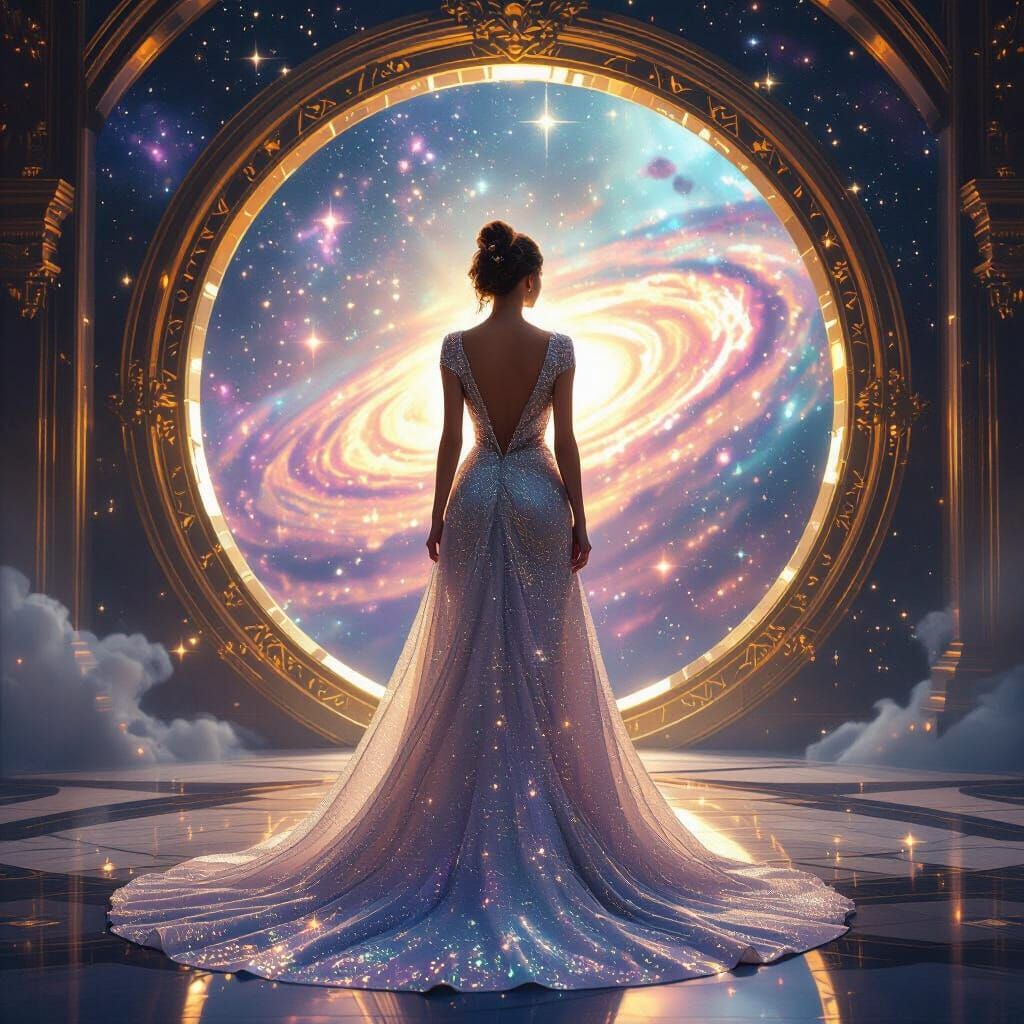 Regal Woman Before Cosmic Portal, Hyperrealistic Rendering