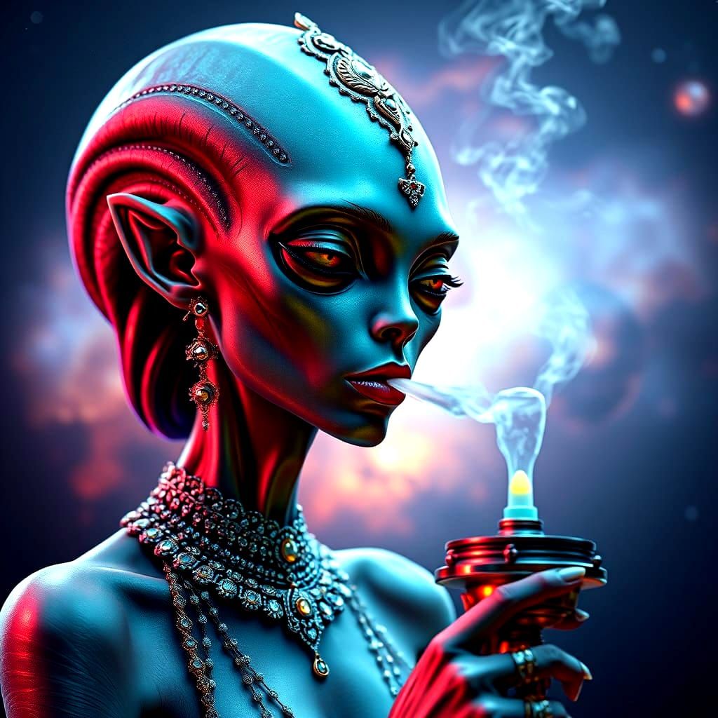 Elegant Alien Woman Smoking Bizarre Hookah Hyperrealisticall...