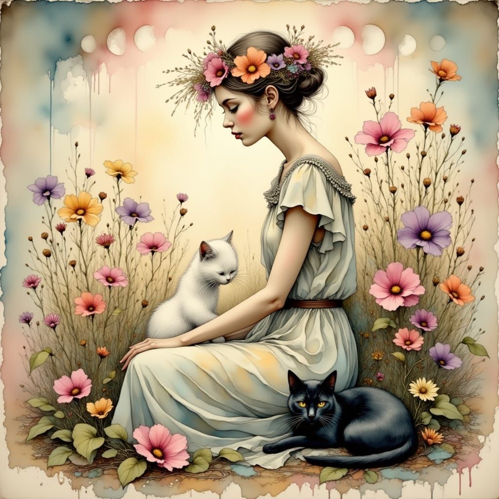 Mystical Woman with Cats and Flowers