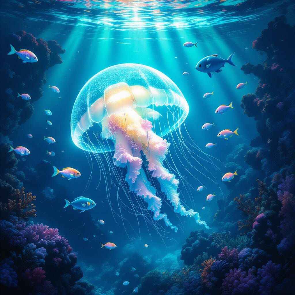 Bioluminescent Jellyfish Drifting Through Alien Ocean