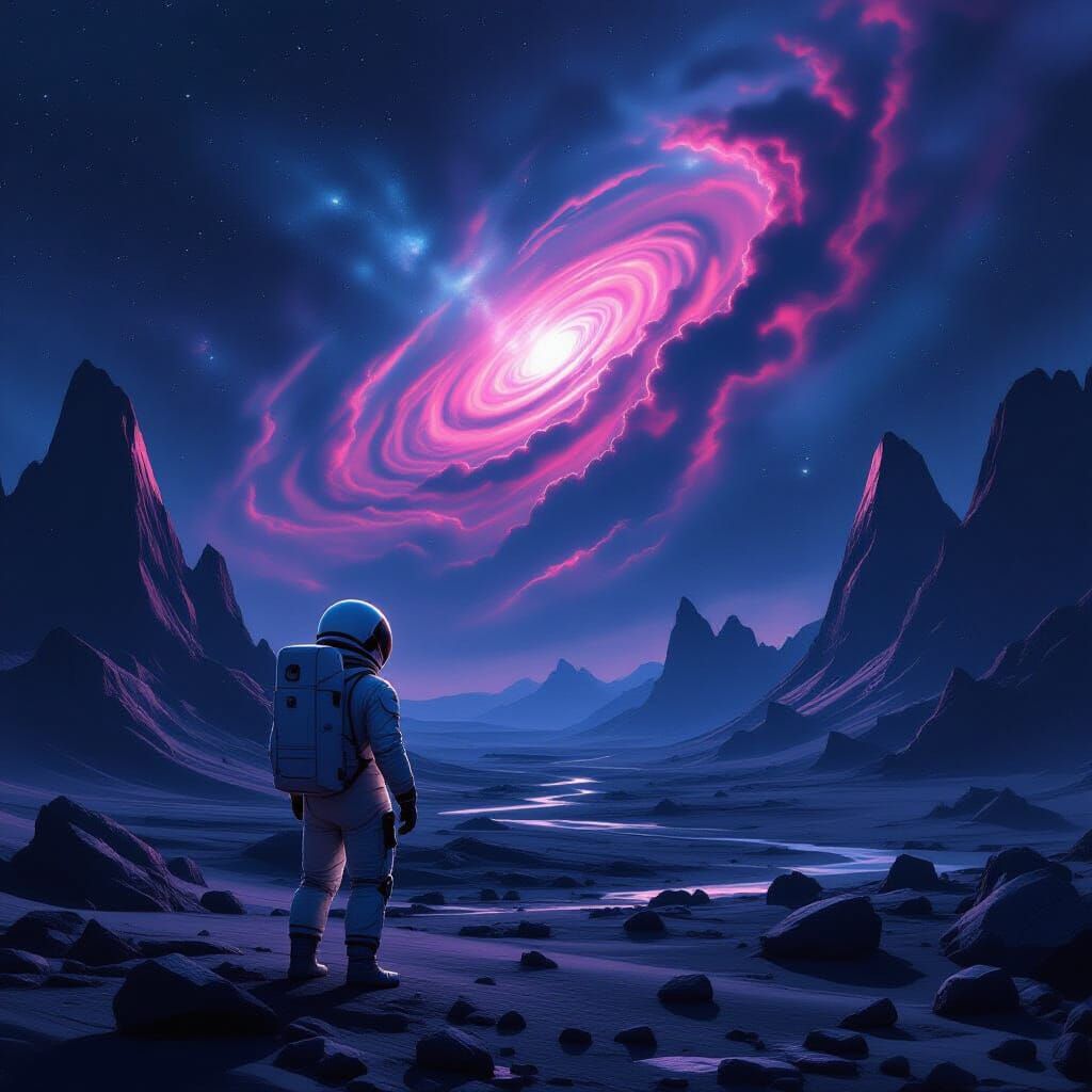 Astronaut Gazes at Nebula on Alien World