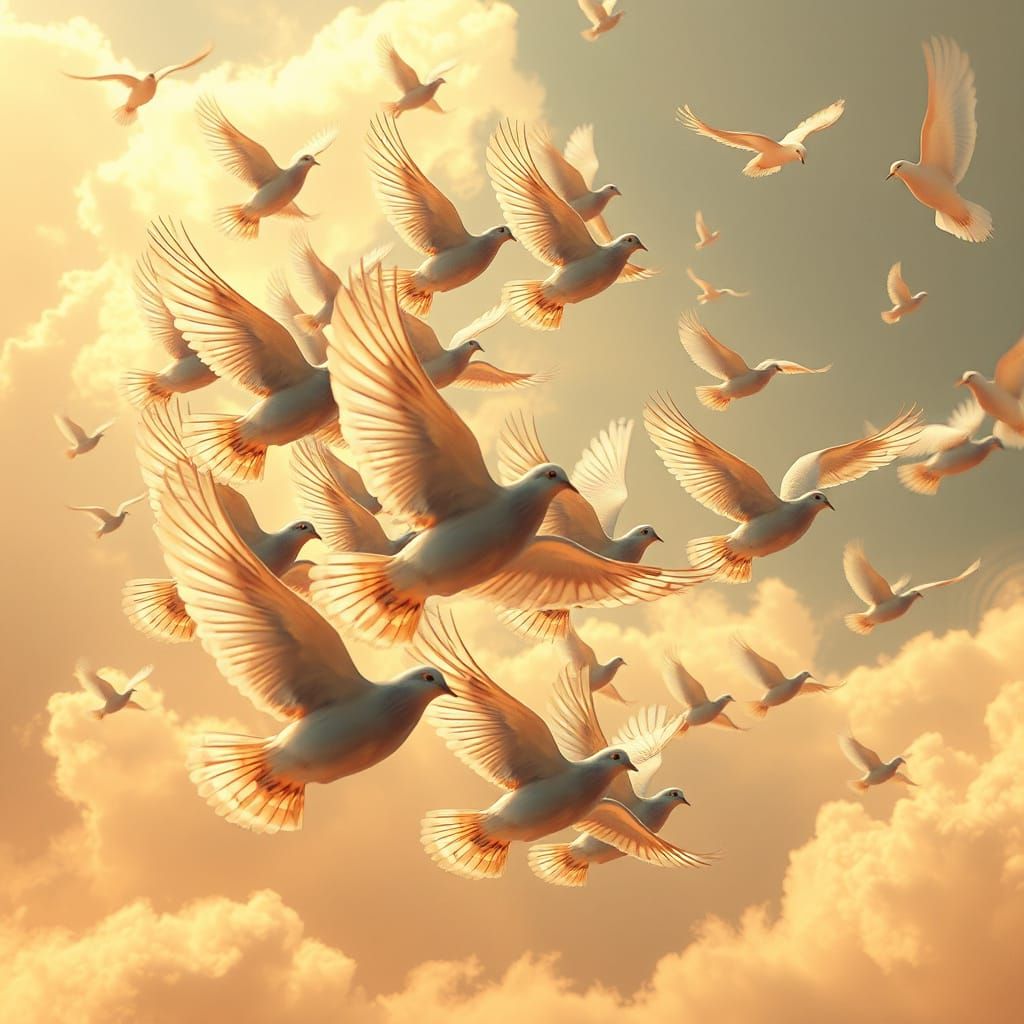 Ethereal Flock of Doves in Futuristic Flight