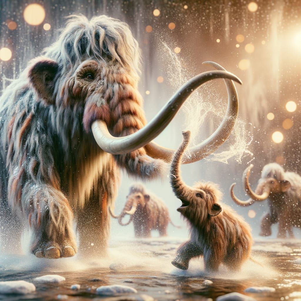 Wooly Mammoth Family Playful Moment in Prehistoric Times