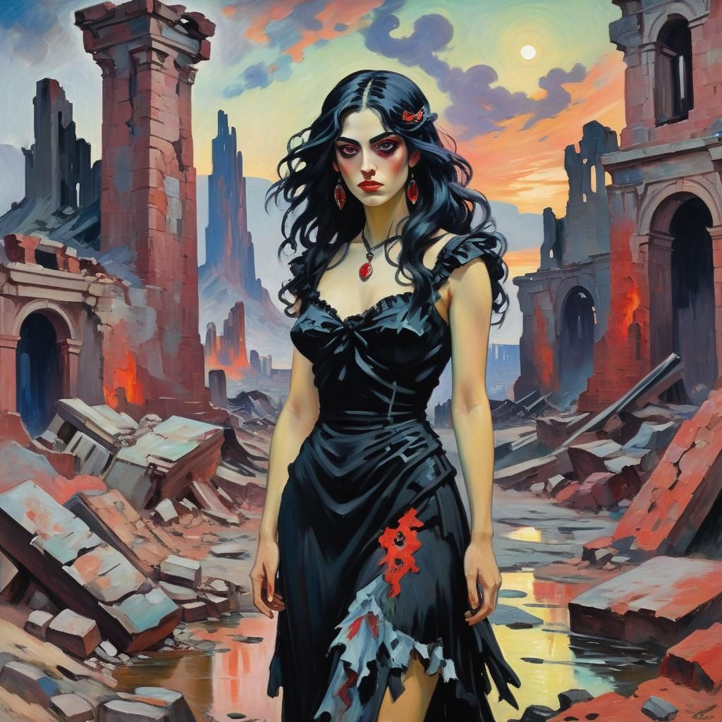 Eerie Woman in Alien City: Post-Impressionist Style