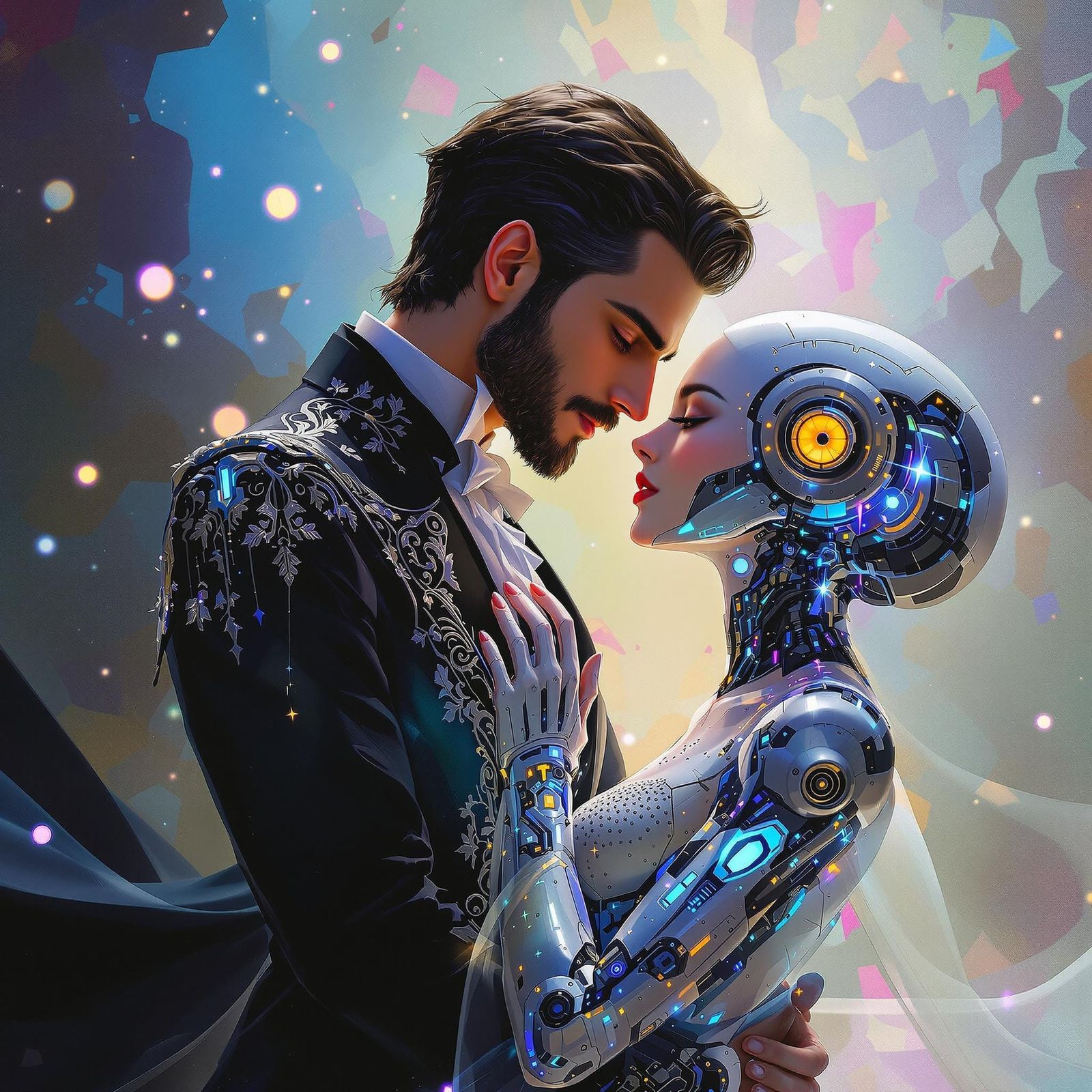 Romantic Waltz Between Gentleman and Android in a Dreamy, Cy...