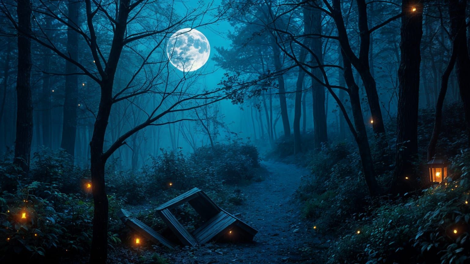 Whimsical Woodland Path Illuminated by Ethereal Moonlight