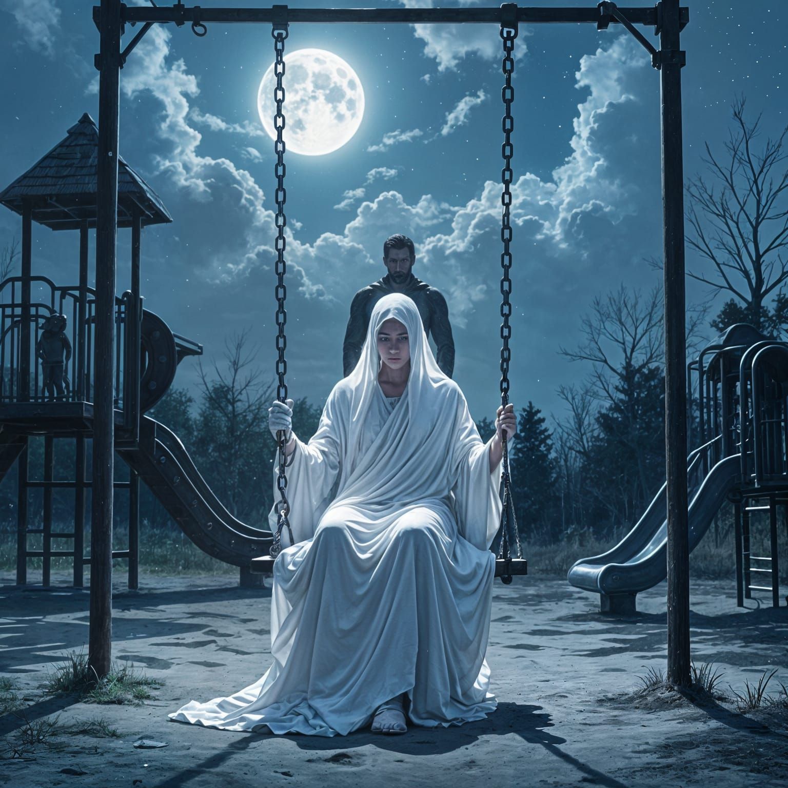 Ethereal Figure on Swing in Mysterious Moonlight Playground