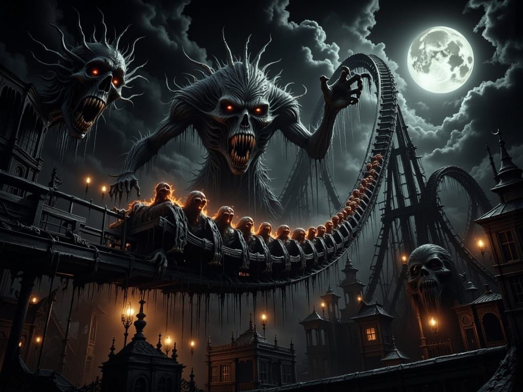 Nightmarish Roller Coaster With Horror Riders in Dramatic Li...