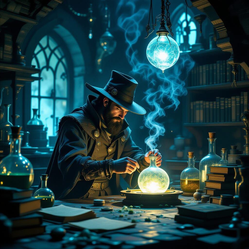 Alchemist Grinding Glowing Herb in Steampunk Lab