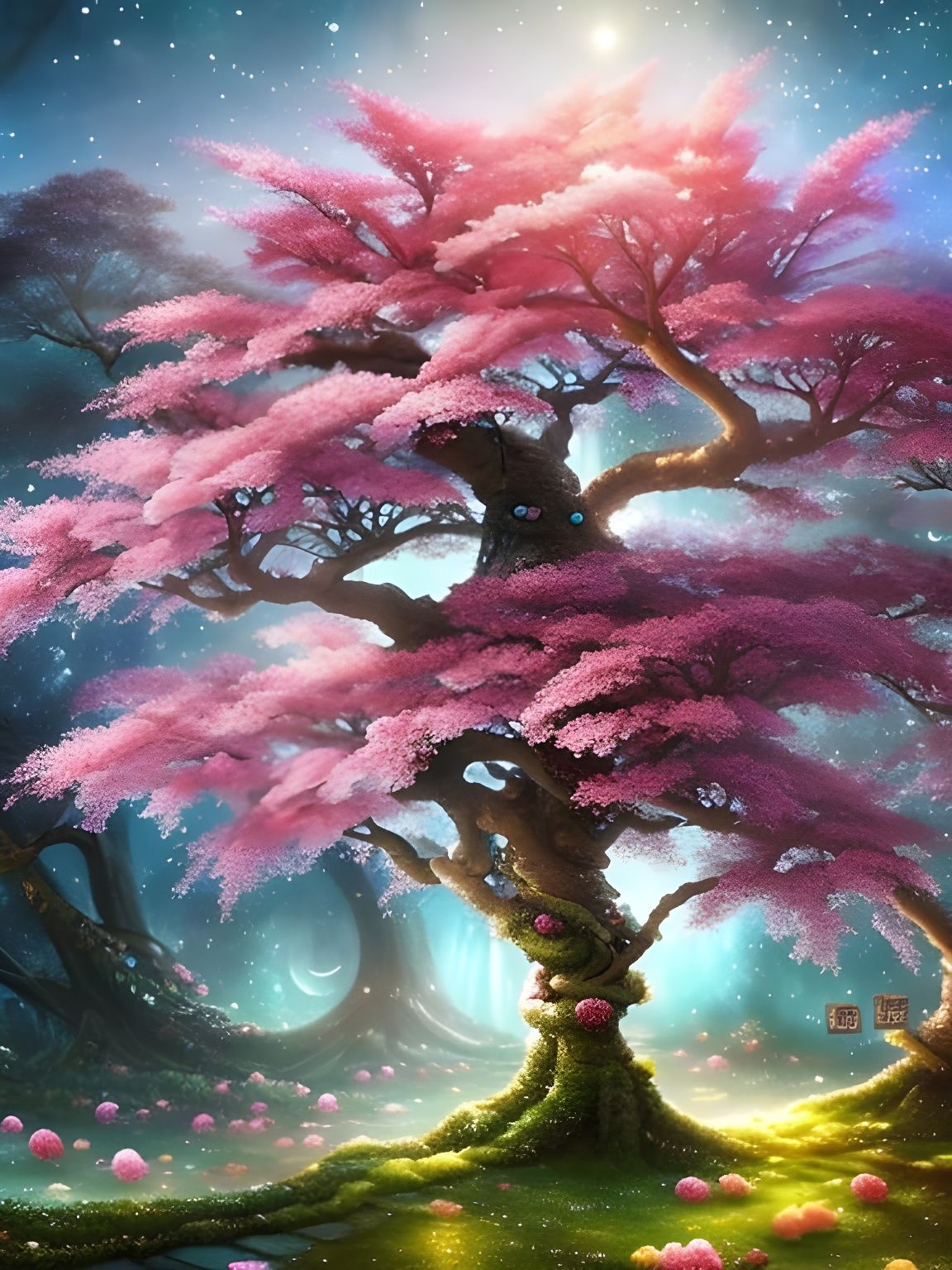 Glittering Cherry Blossom Treehouse Under Jewel Moon