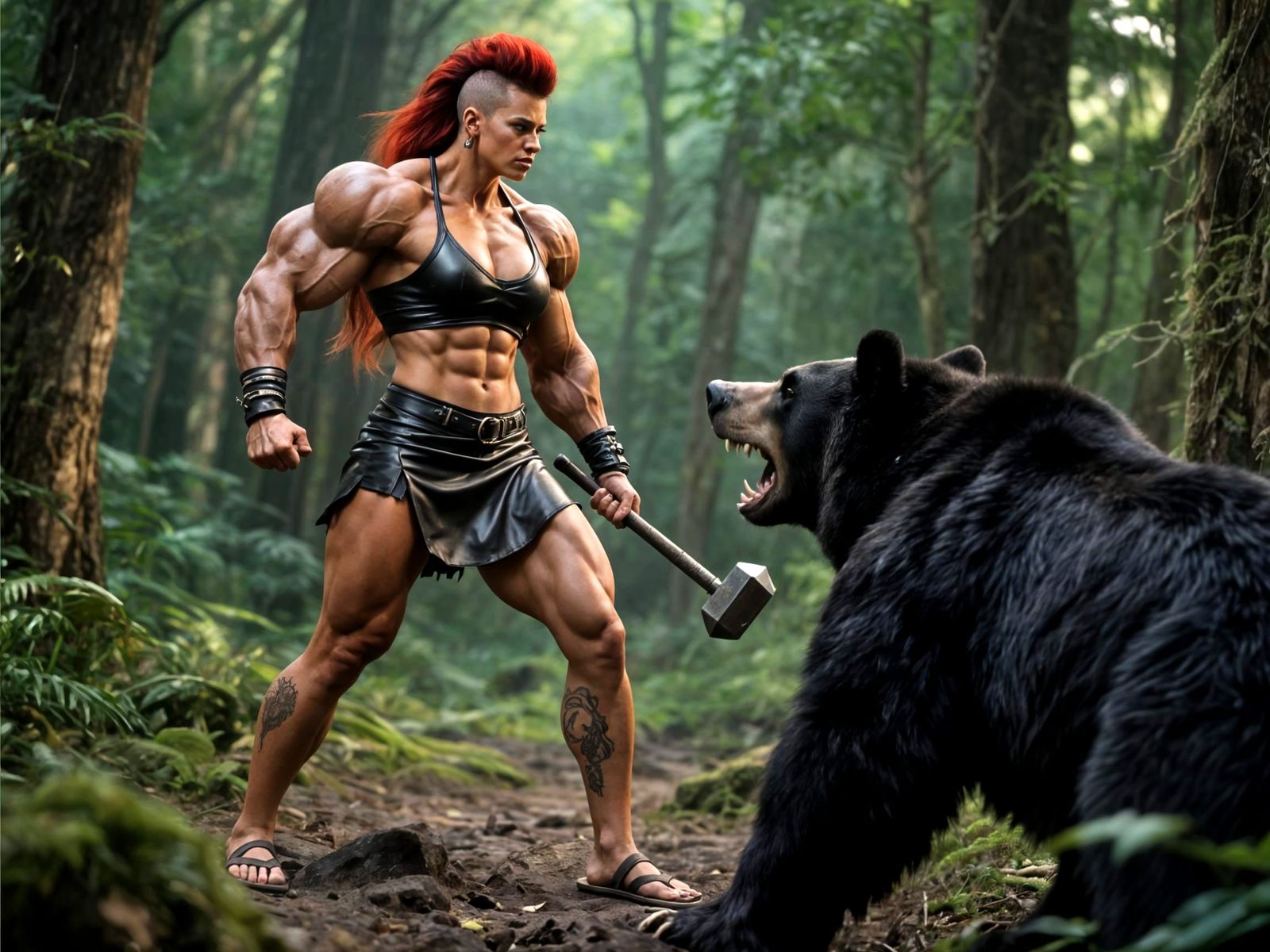 Amazon Warrior Fights Raging Bear in Vivid Woods