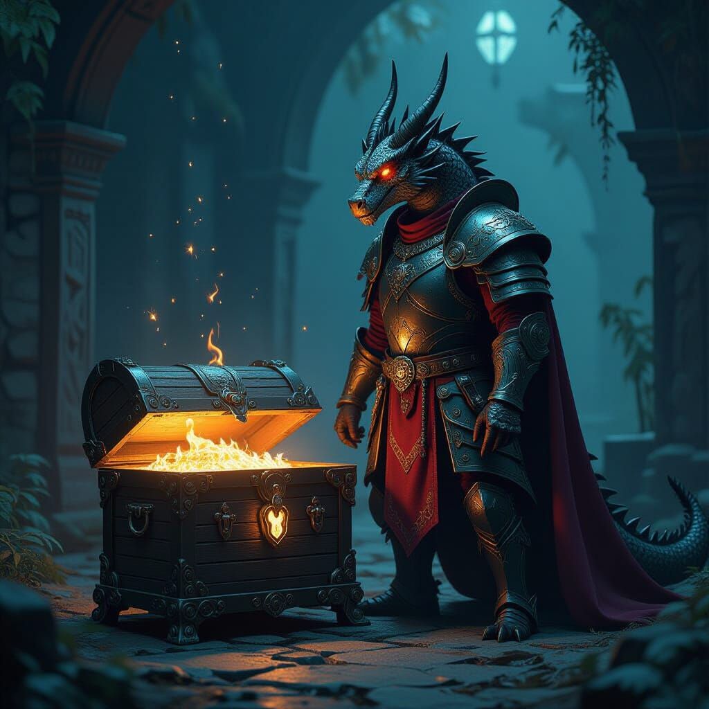 Dragon Guarding Magical Chest in Dark Fantasy Style