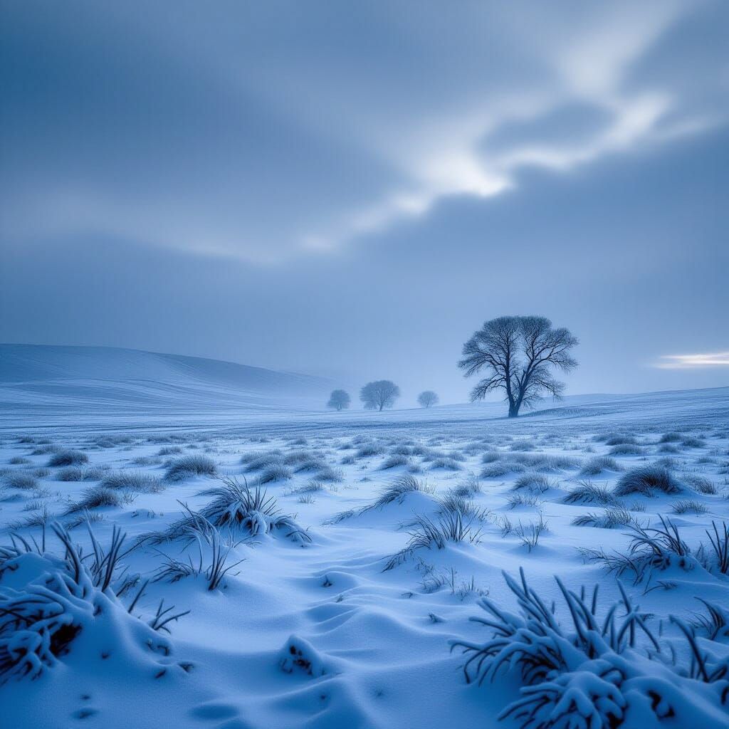 Stark Winter Landscape: Desolate Plains and Skeletal Trees