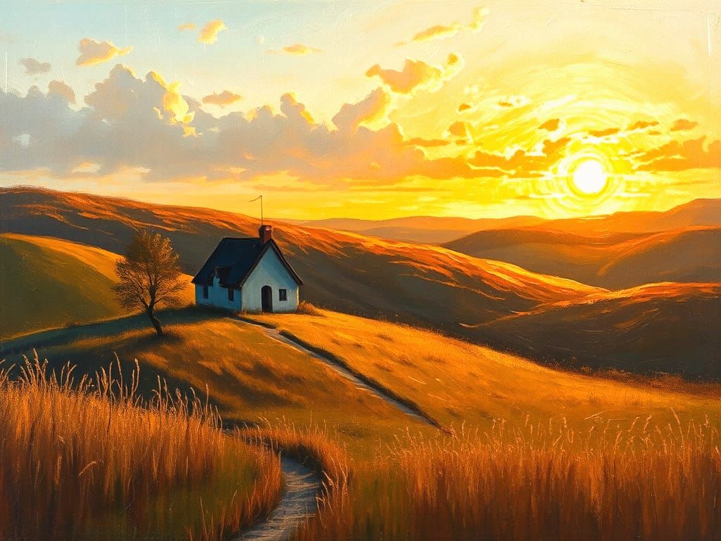 Impasto Oil Painting Of A Solitary Cottage At Sunset