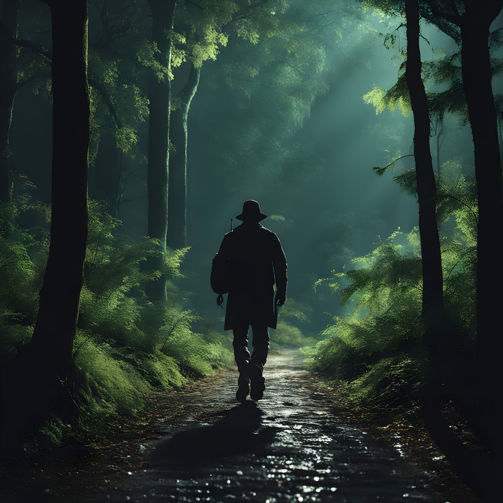 Moonlit Path in Rainy Green Fantasy Forest