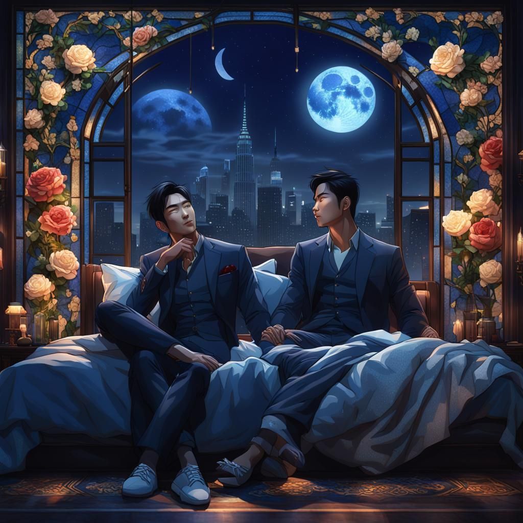 Moonlit Portrait: Two Men in Love, Stained Glass