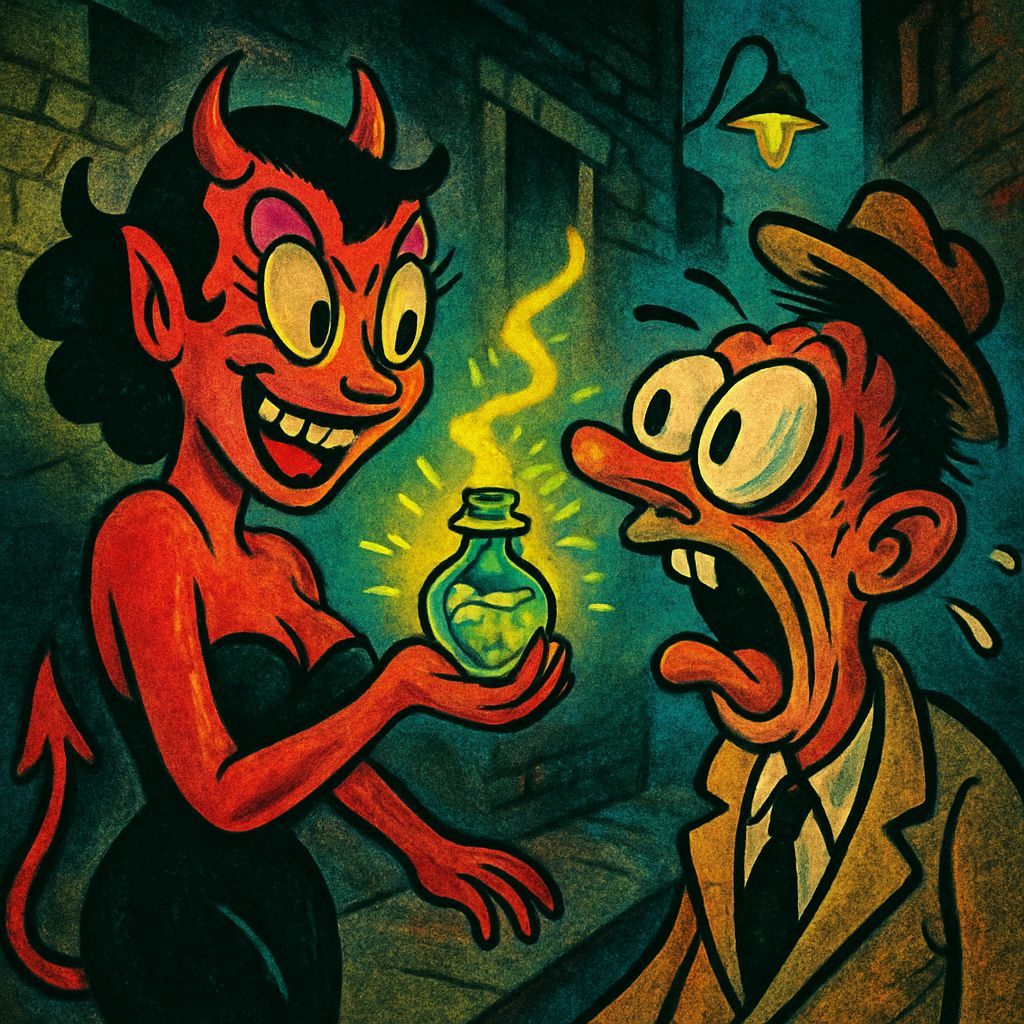 Vintage Devil Woman Potion Advertisement in Cartoon Style