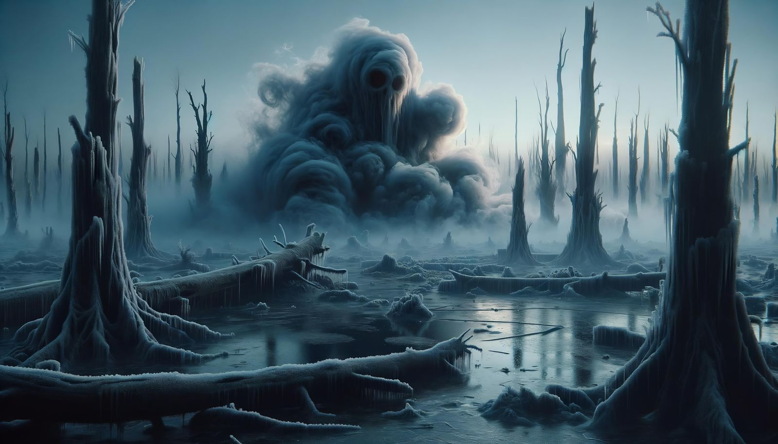 Eerie Chilling Fog Monster in Frosty Marsh