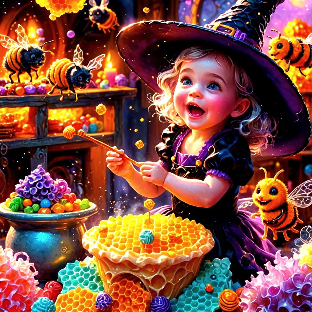 Baby Witch with Honeycomb in Candy Art Style