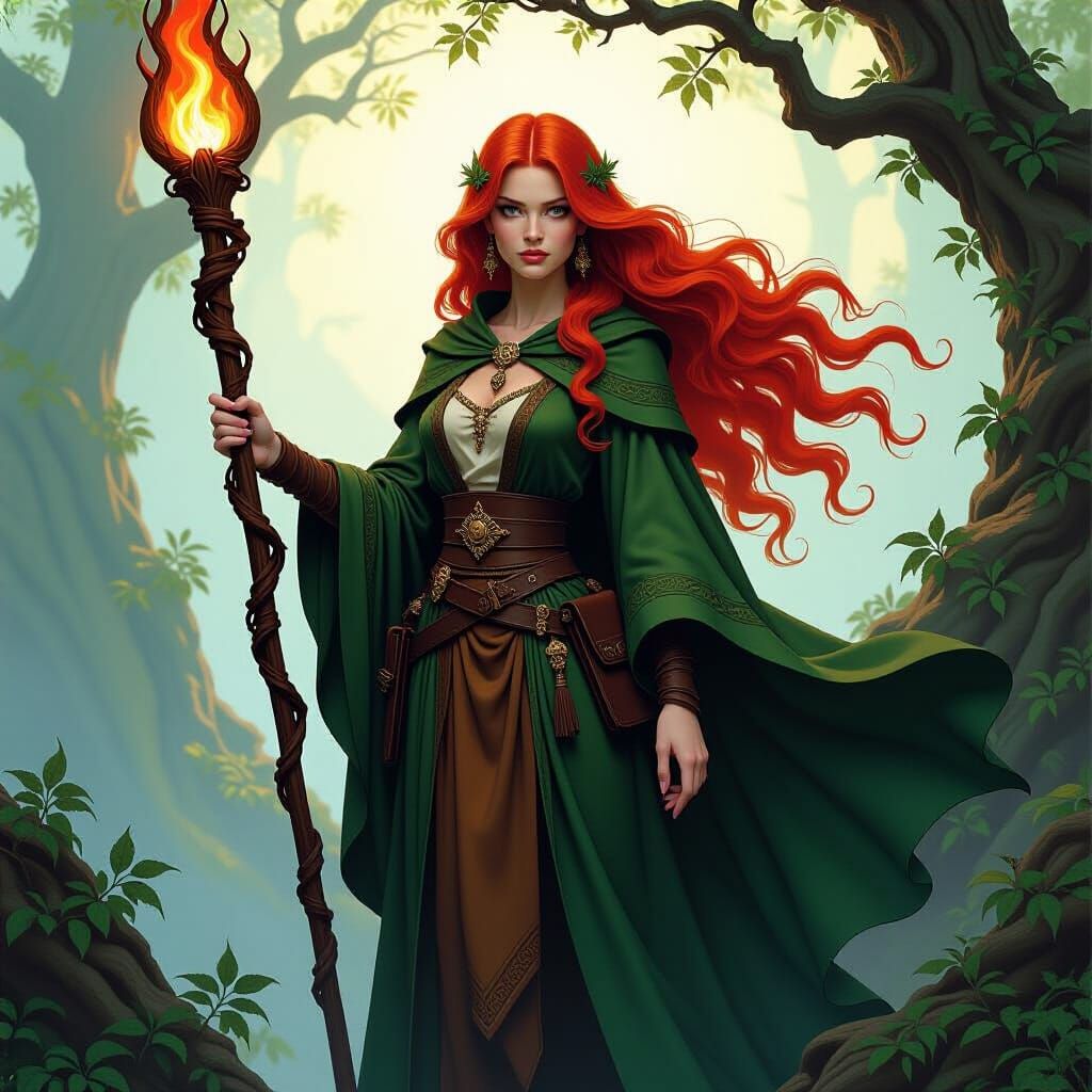 Red-Haired Druid Wielding Staff in Nature